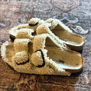 Papillio Cream Sherpa Slide Sandals with Buckle Straps